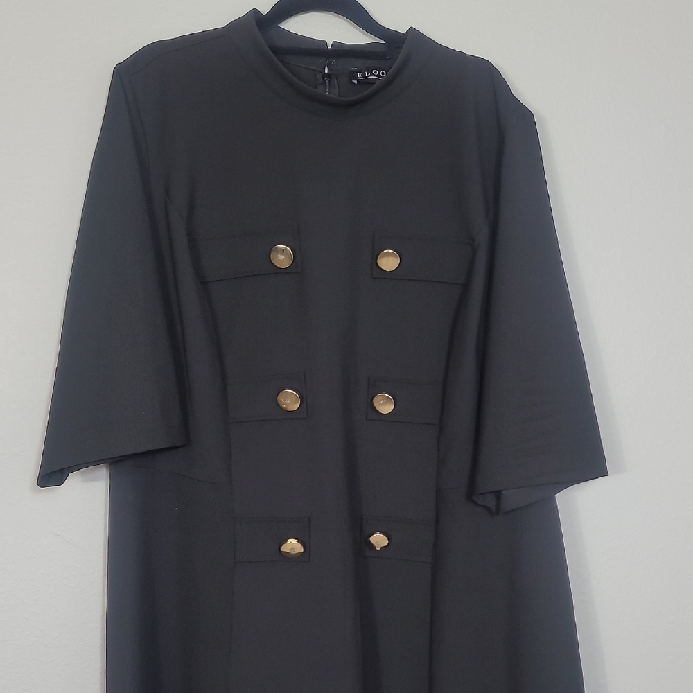 Eloquii Mock Neck Military Dress Size 20 Black Gold Buttons Sleeves Midi Classi - Picture 4 of 14
